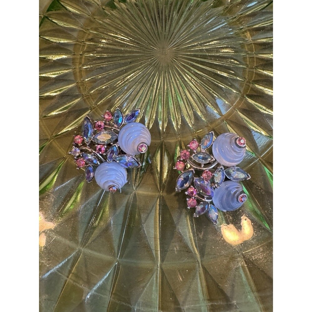 Crown Trifari Molded Glass Blue Pink Clip Earrings Shoe Button AB Rhinestones